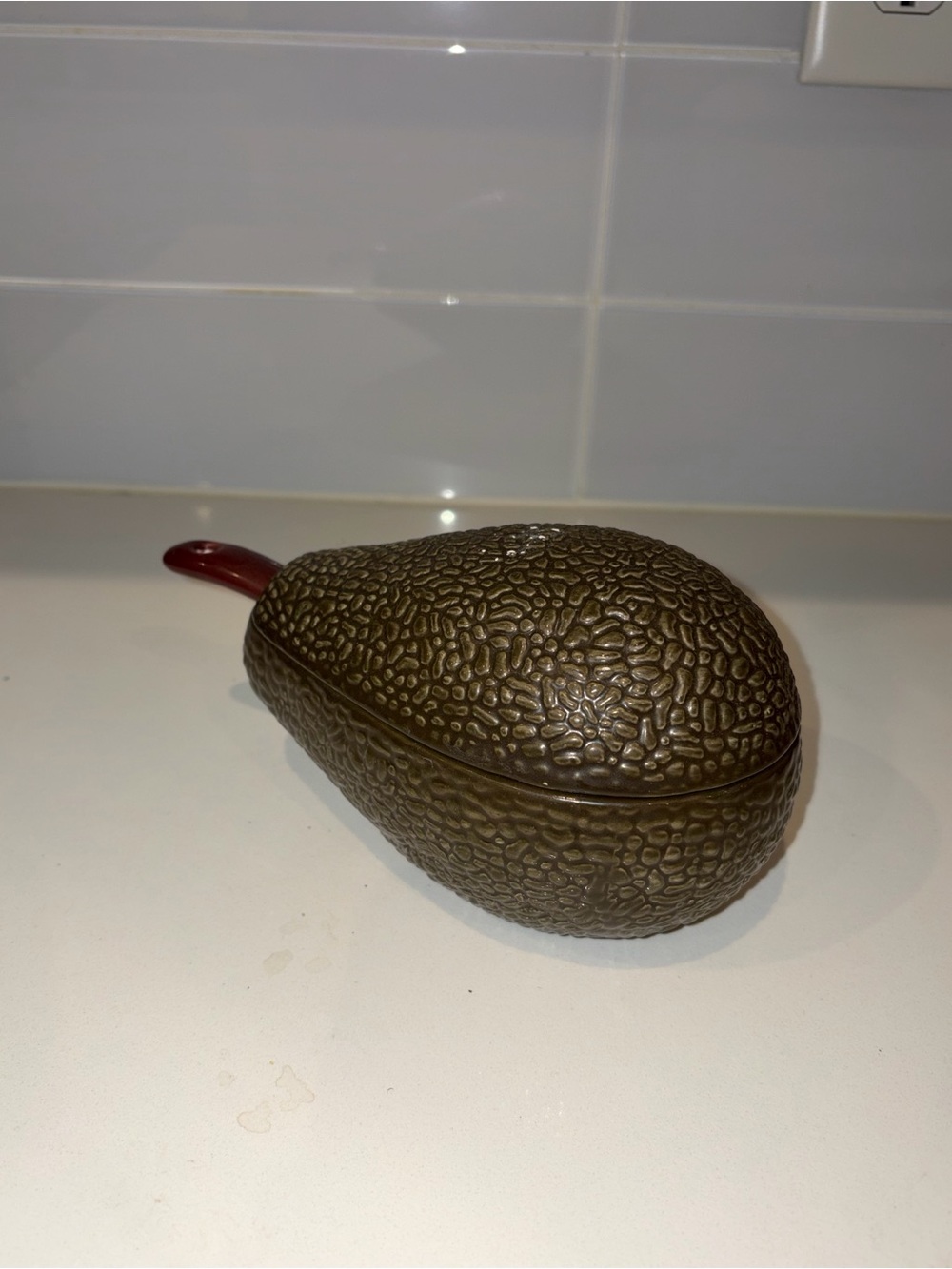 Vintage Avocado-Shaped Serving Bowl in Olive Green Rare with Spoon